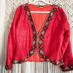 Vintage LifeNstyle Red Beaded Silk Jacket – Fits Up to Size Large